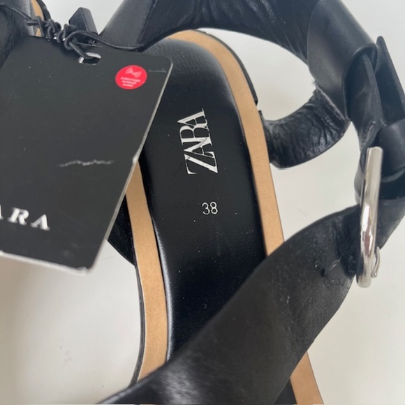 Zara Strapped Leather Sandals with Block Heel & Square Toe NWT - Picture 4 of 7